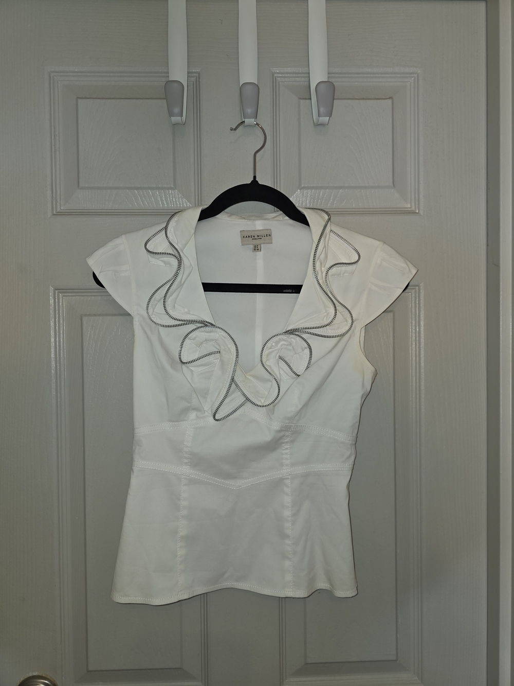 Karen Millen White Ruffle V-Neck Cap Sleeve Top